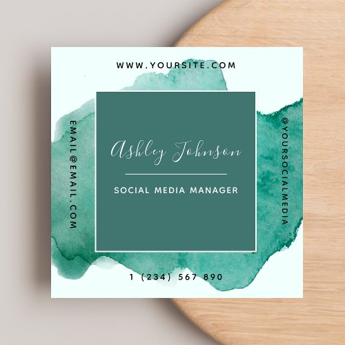 Green Watercolor Trendy Social Media QR Code Bold Square Business Card