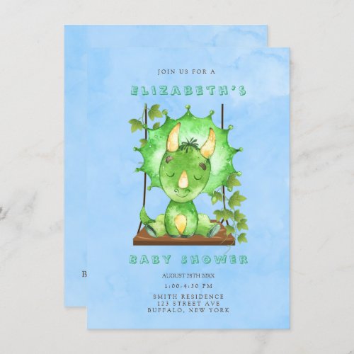 Green Watercolor Triceratops Boy Baby Shower Invit Invitation