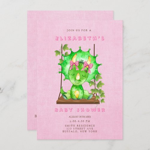 Green Watercolor Triceratops Girl Baby Shower  Invitation