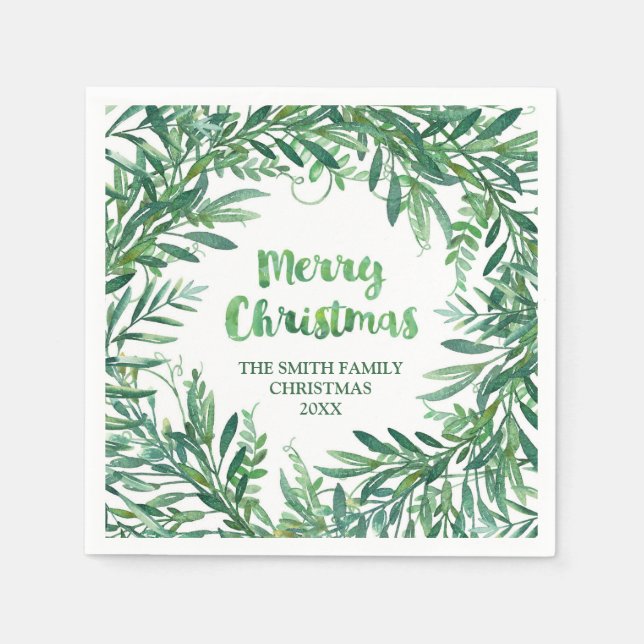 Green Watercolor Tropical Leaves Christmas Napkin (Front)