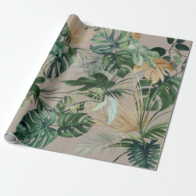 Green Watercolor Tropical Leaves   Wrapping Paper (Unrolled)