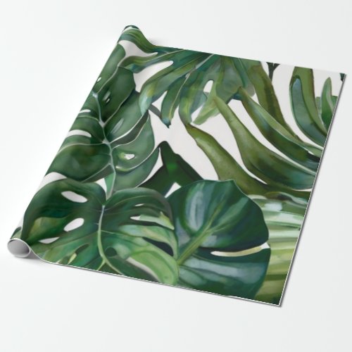 Green Watercolor Tropical Leaves  Wrapping Paper
