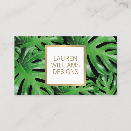 Green Watercolor Tropical Monstera Pattern Black Business Card