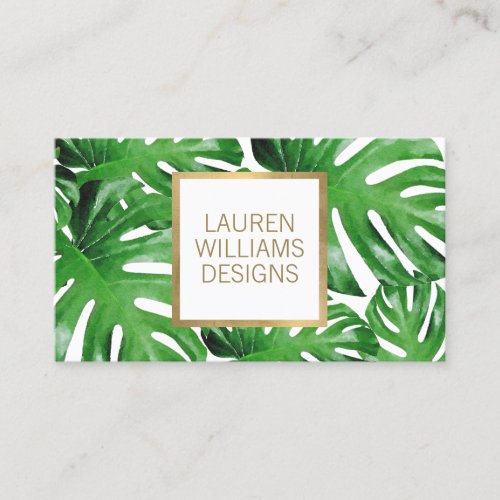 Green Watercolor Tropical Monstera Pattern Business Card