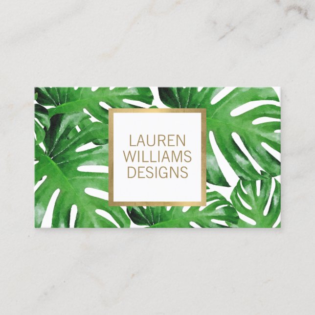 Green Watercolor Tropical Monstera Pattern Business Card (Front)