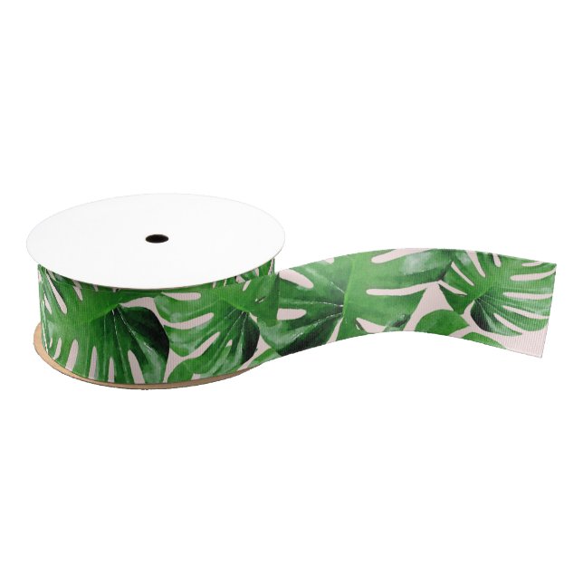 Green Watercolor Tropical Monstera Pattern on Pink Grosgrain Ribbon (Spool)