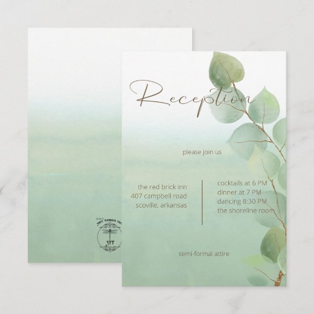 Green Watercolor Wash Eucalyptus Reception Enclosure Card (Front/Back)