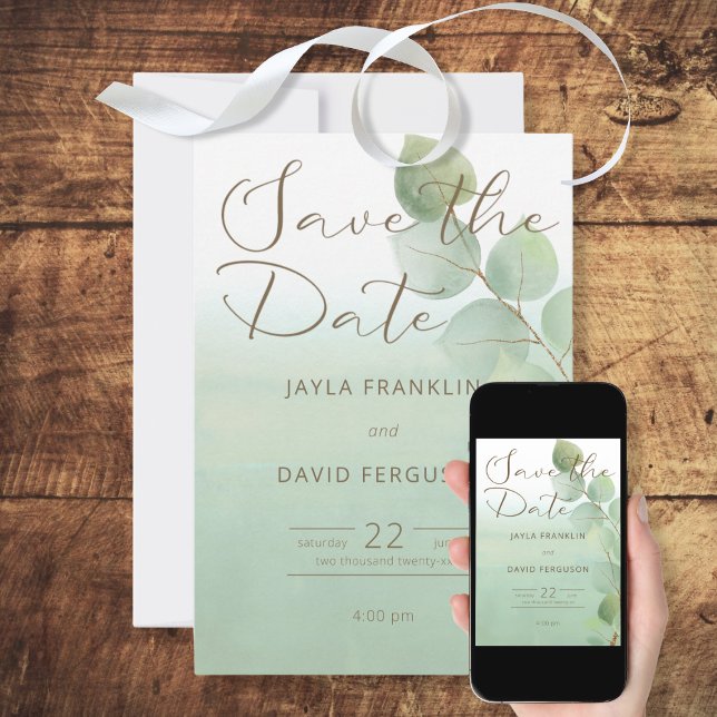 Green Watercolor Wash Eucalyptus Save the Date (Creator Uploaded)