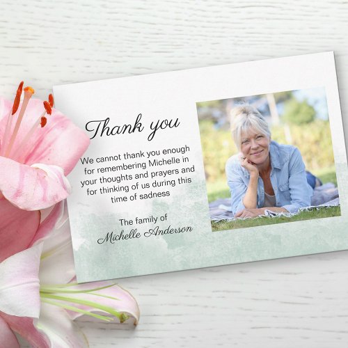 Green Watercolor Wash Photo Funeral Thank You Card