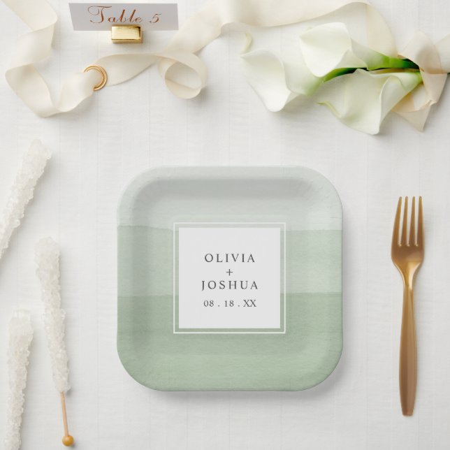 Green Watercolor Wedding Paper Plates (Wedding)
