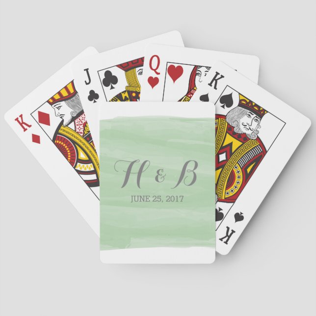 Green Watercolor Wedding Playing Cards (Back)