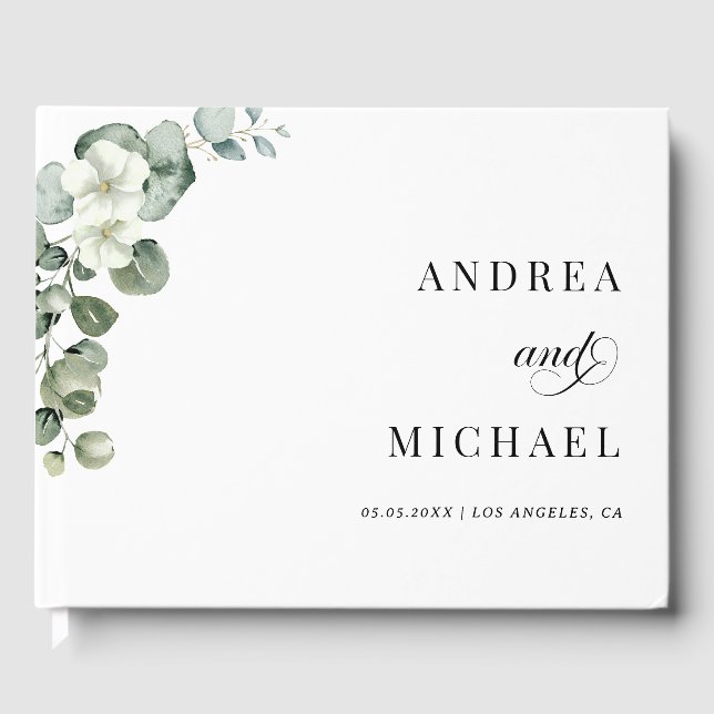 Green Watercolor White Eucalyptus Floral Wedding Guest Book (Front)