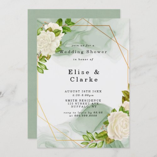 Green Watercolor White Rose Wedding Shower Invite