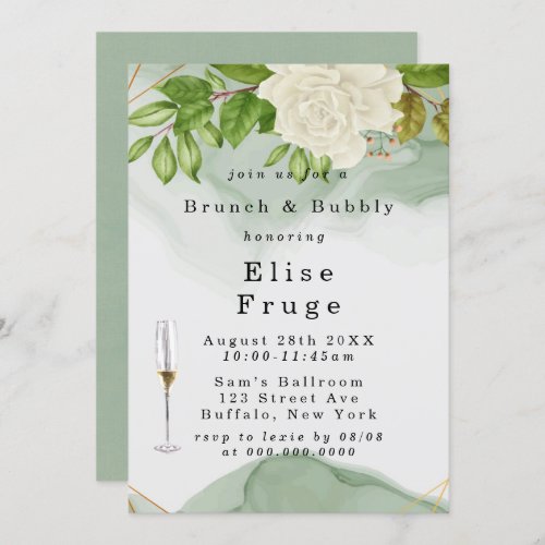 Green Watercolor White Roses Brunch  Bubbly Invitation