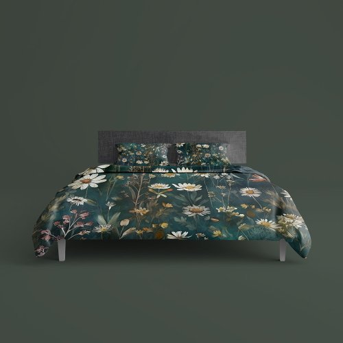 Green Watercolor Wildflower Botanical Duvet Cover