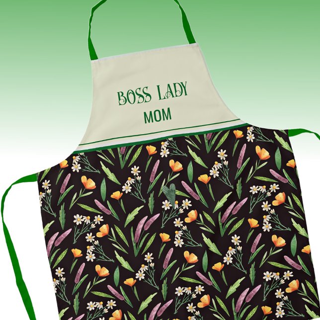 Green Watercolor Wildflowers Floral Pattern Apron (Creator Uploaded)