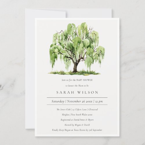 Green Watercolor Willow Tree Baby Shower Invite