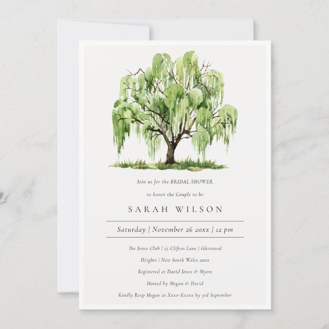 Green Watercolor Willow Tree Bridal Shower Invite (Front)