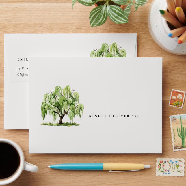 Green Watercolor Willow Tree Farm Wedding Envelope (Desk)