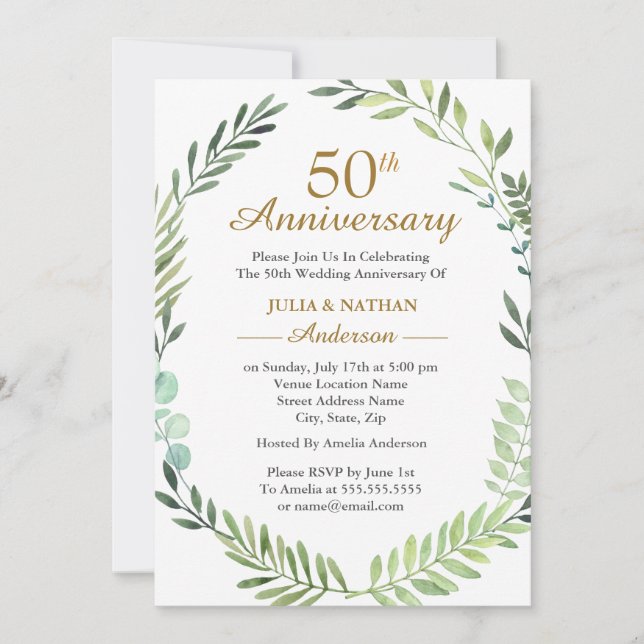 Green Watercolor Wreath 50th Wedding Anniversary Invitation (Front)