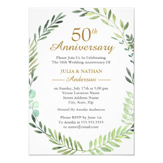 Green Watercolor Wreath 50th Wedding Anniversary Invitation