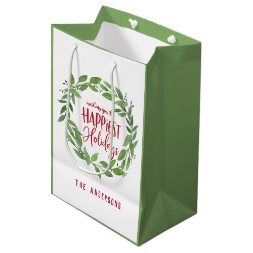 Green watercolor wreath happiest holidays medium g medium gift bag