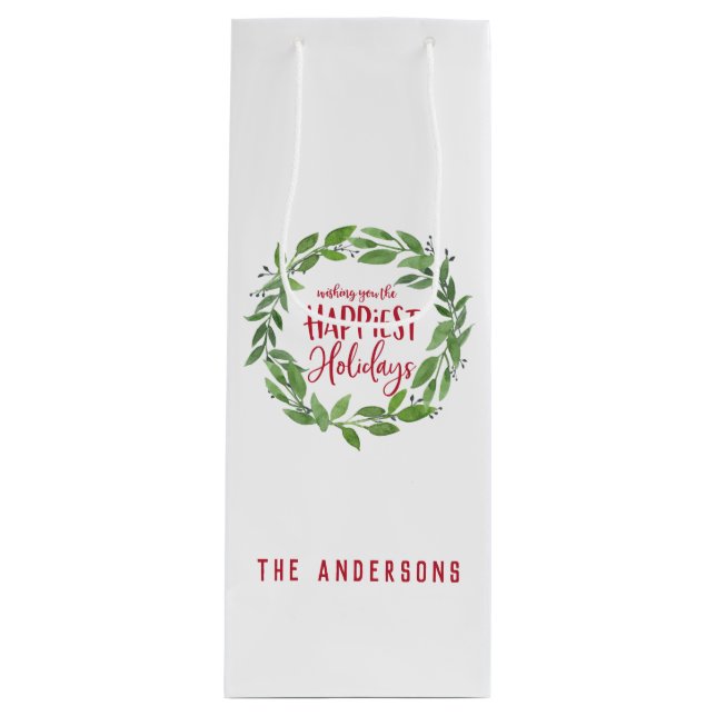 green watercolor wreath happiest holidays wine gift bag (Front)