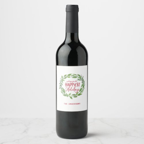 Green watercolor wreath happiest holidays wine label