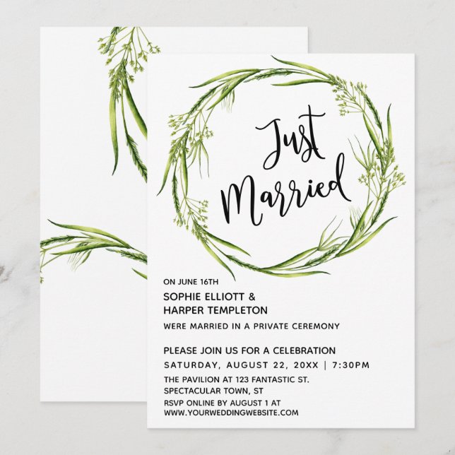 Green Watercolor Wreath Just Married Typography Invitation (Front/Back)