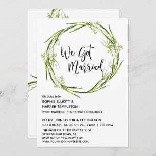 Green Watercolor Wreath We Got Married Typography Invitation