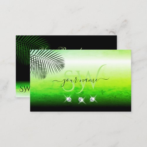 Green Watercolors Palm Leaves Diamonds Initials Business Card