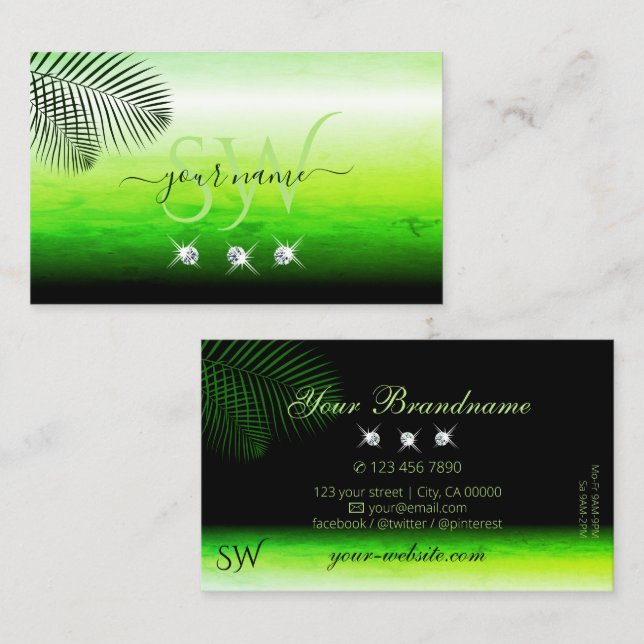 Green Watercolors Palm Leaves Diamonds Initials Business Card (Front/Back)