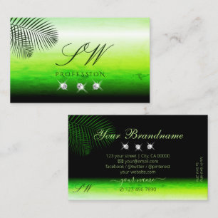 Green Watercolors Palm Leaves Diamonds Monogram Business Card