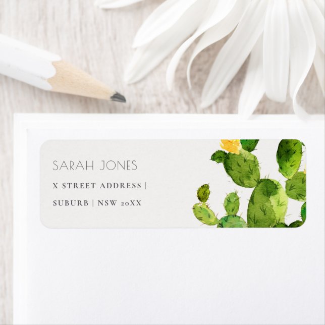 GREEN WATERCOLOUR DESERT CACTUS FLOWER  ADDRESS LABEL (Insitu)