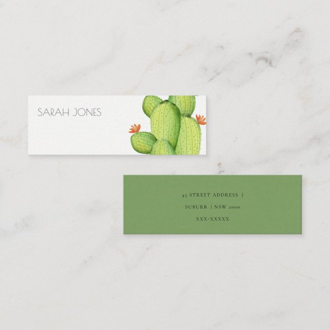 GREEN WATERCOLOUR DESERT CACTUS FLOWER  ADDRESS MINI BUSINESS CARD (Front/Back)