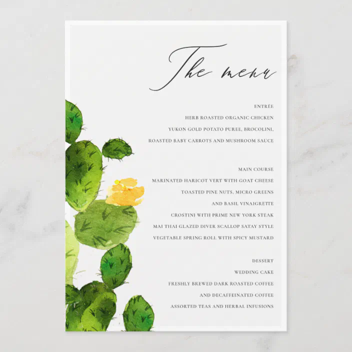 Green Watercolour Desert Cactus Flower Menu Zazzle Com