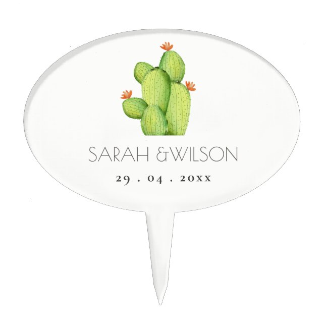 GREEN WATERCOLOUR DESERT CACTUS FLOWER  MONOGRAM CAKE TOPPER (Front)