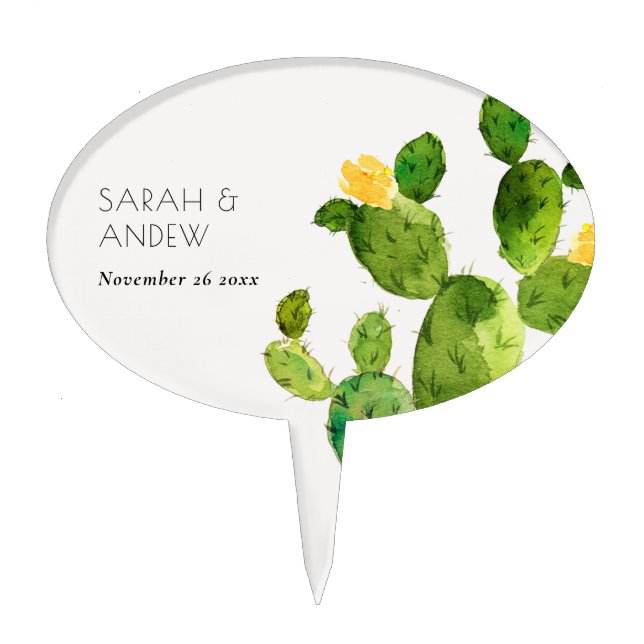GREEN WATERCOLOUR DESERT CACTUS FLOWER  MONOGRAM CAKE TOPPER (Front)