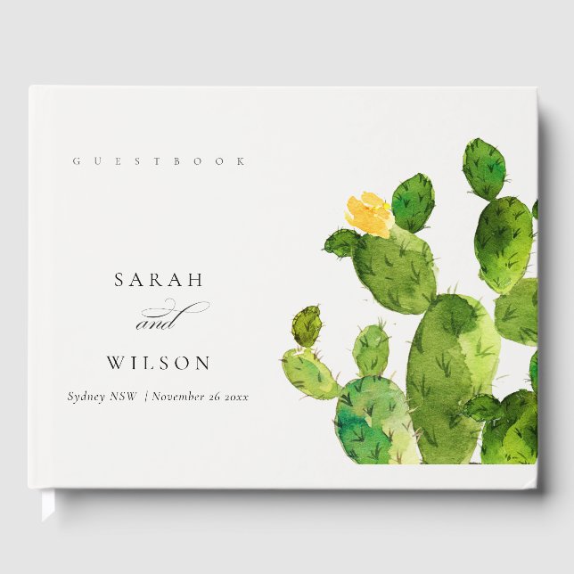 GREEN WATERCOLOUR DESERT CACTUS FLOWER  MONOGRAM GUEST BOOK (Front)