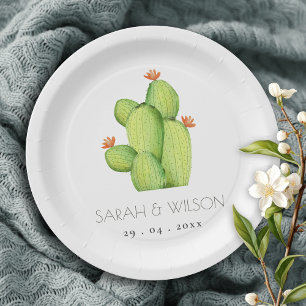 GREEN WATERCOLOUR DESERT CACTUS FLOWER MONOGRAM PAPER PLATES