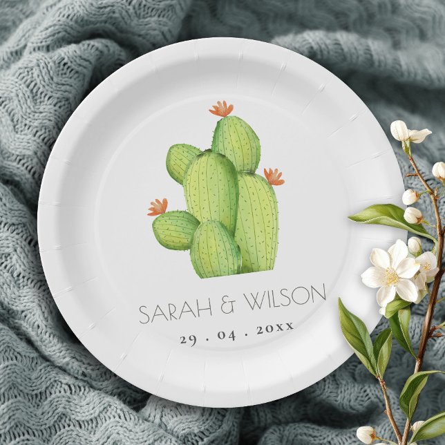 GREEN WATERCOLOUR DESERT CACTUS FLOWER  MONOGRAM PAPER PLATES (Creator Uploaded)
