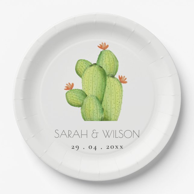 GREEN WATERCOLOUR DESERT CACTUS FLOWER  MONOGRAM PAPER PLATES (Front)