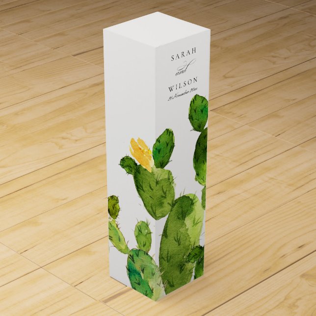 GREEN WATERCOLOUR DESERT CACTUS FLOWER MONOGRAM WINE GIFT BOX (Front)