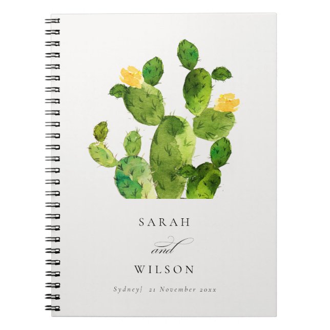 GREEN WATERCOLOUR DESERT CACTUS FLOWER  WEDDING NOTEBOOK (Front)