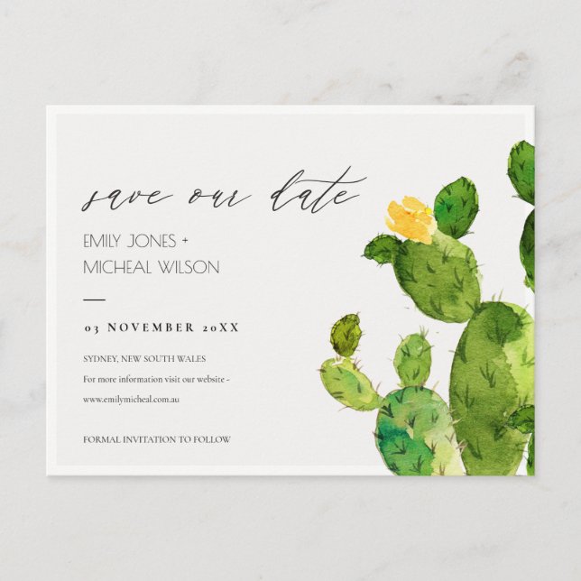 GREEN WATERCOLOUR DESERT CACTUS SAVE THE DATE ANNOUNCEMENT POSTCARD (Front)