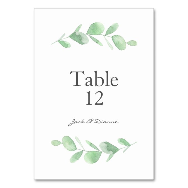 Green Watercolour Eucalyptus Wedding table cards (Front)