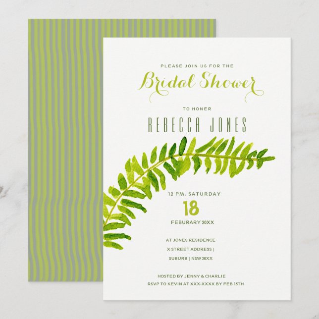GREEN WATERCOLOUR FERN FOLIAGE Bridal Shower Invitation (Front/Back)