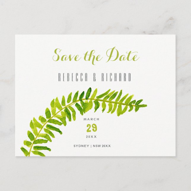GREEN WATERCOLOUR FERN FOLIAGE Save the date Announcement Postcard (Front)