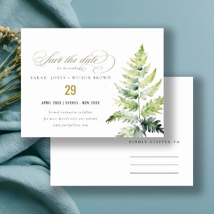 GREEN WATERCOLOUR FERN FOLIAGE Save the date Announcement Postcard
