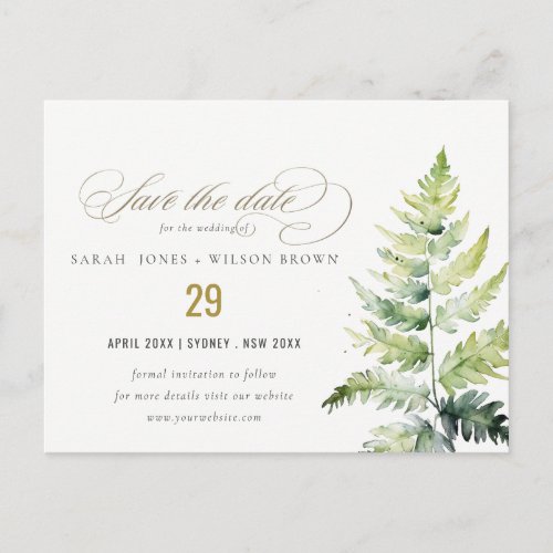 GREEN WATERCOLOUR FERN FOLIAGE Save the date Announcement Postcard